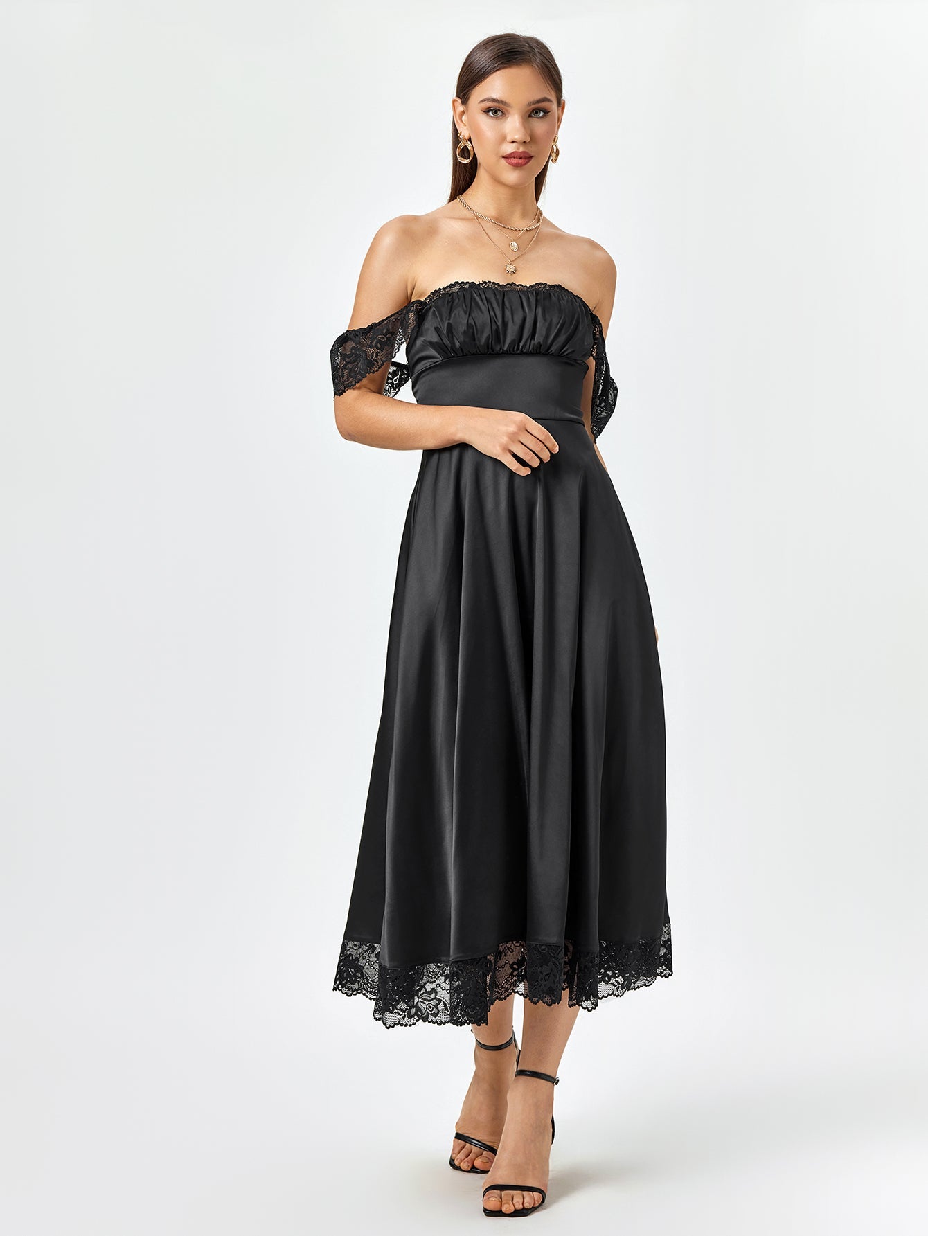 Square Neckline Lace Hem Satin Dress