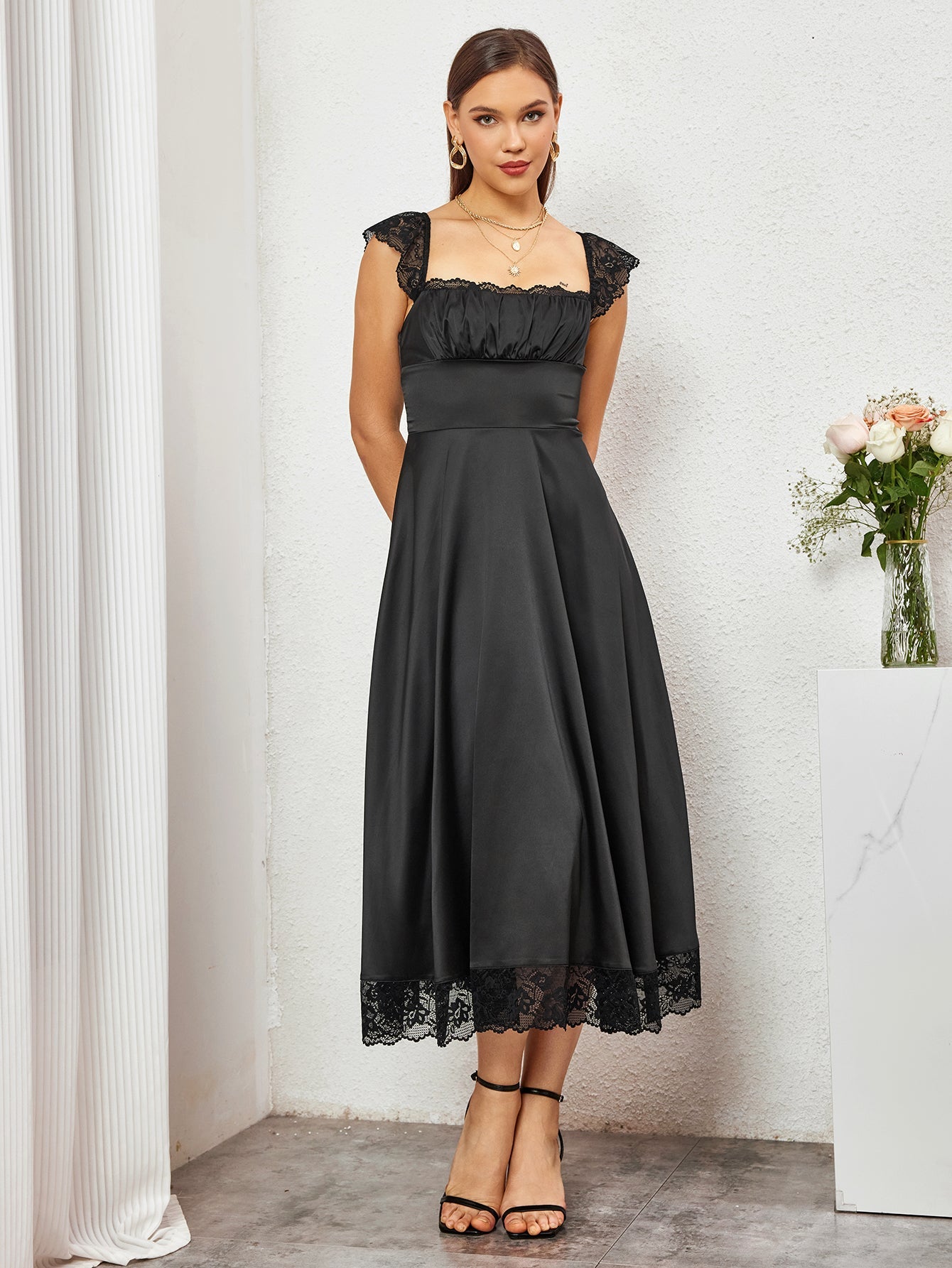 Square Neckline Lace Hem Satin Dress