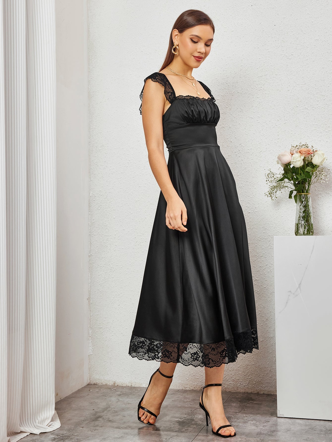 Square Neckline Lace Hem Satin Dress