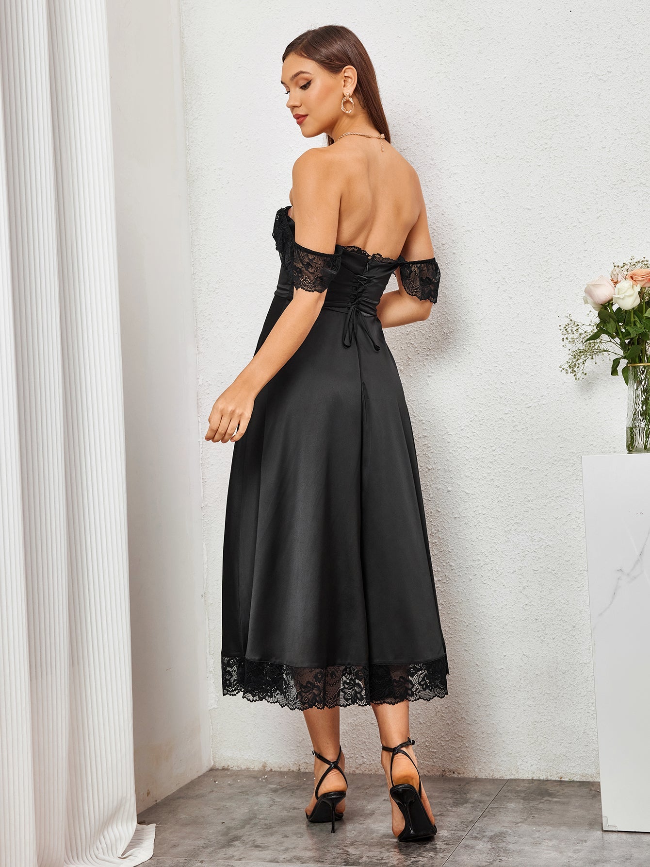 Square Neckline Lace Hem Satin Dress
