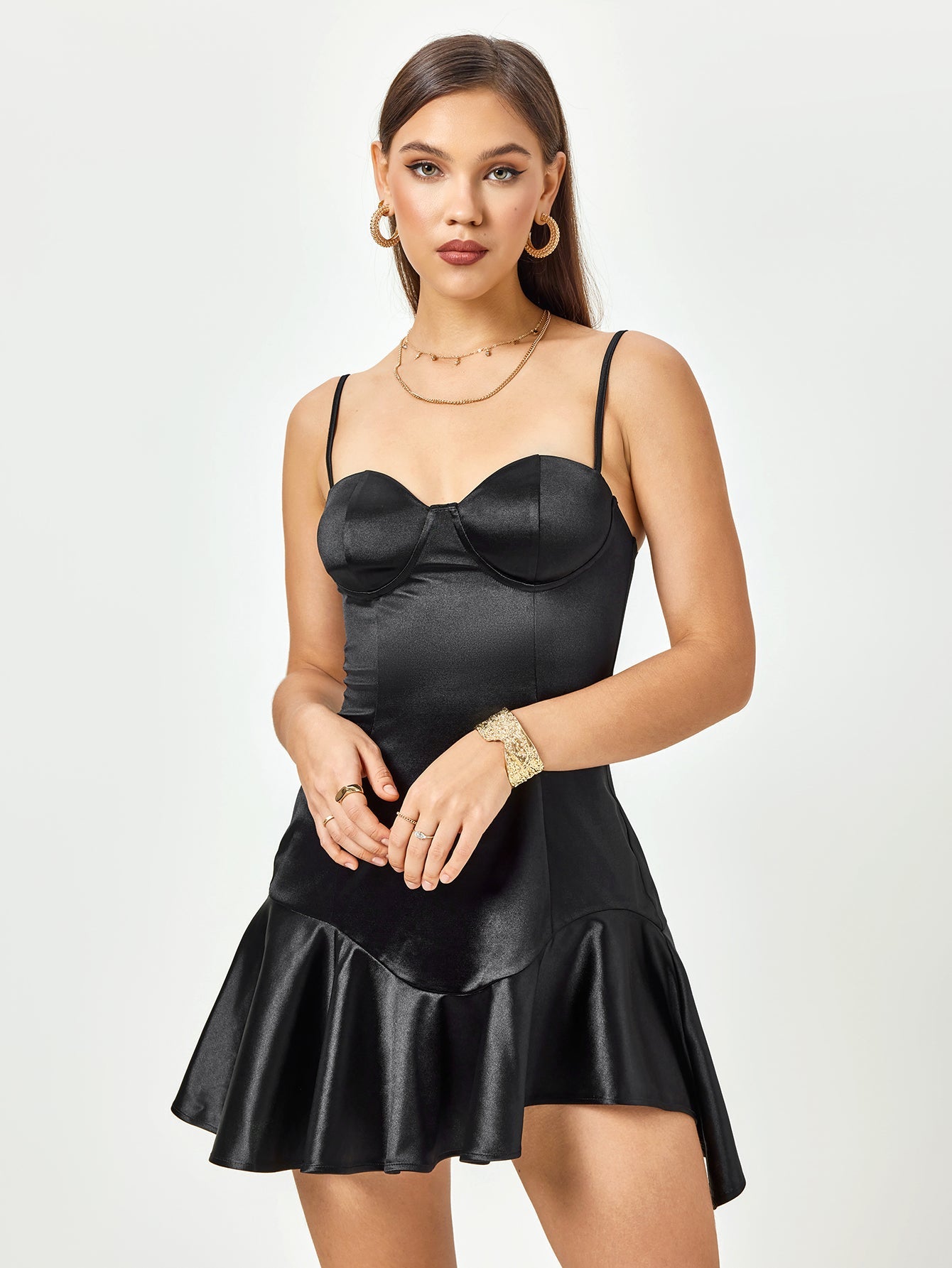 Satin Noir Flounce Mini Dress