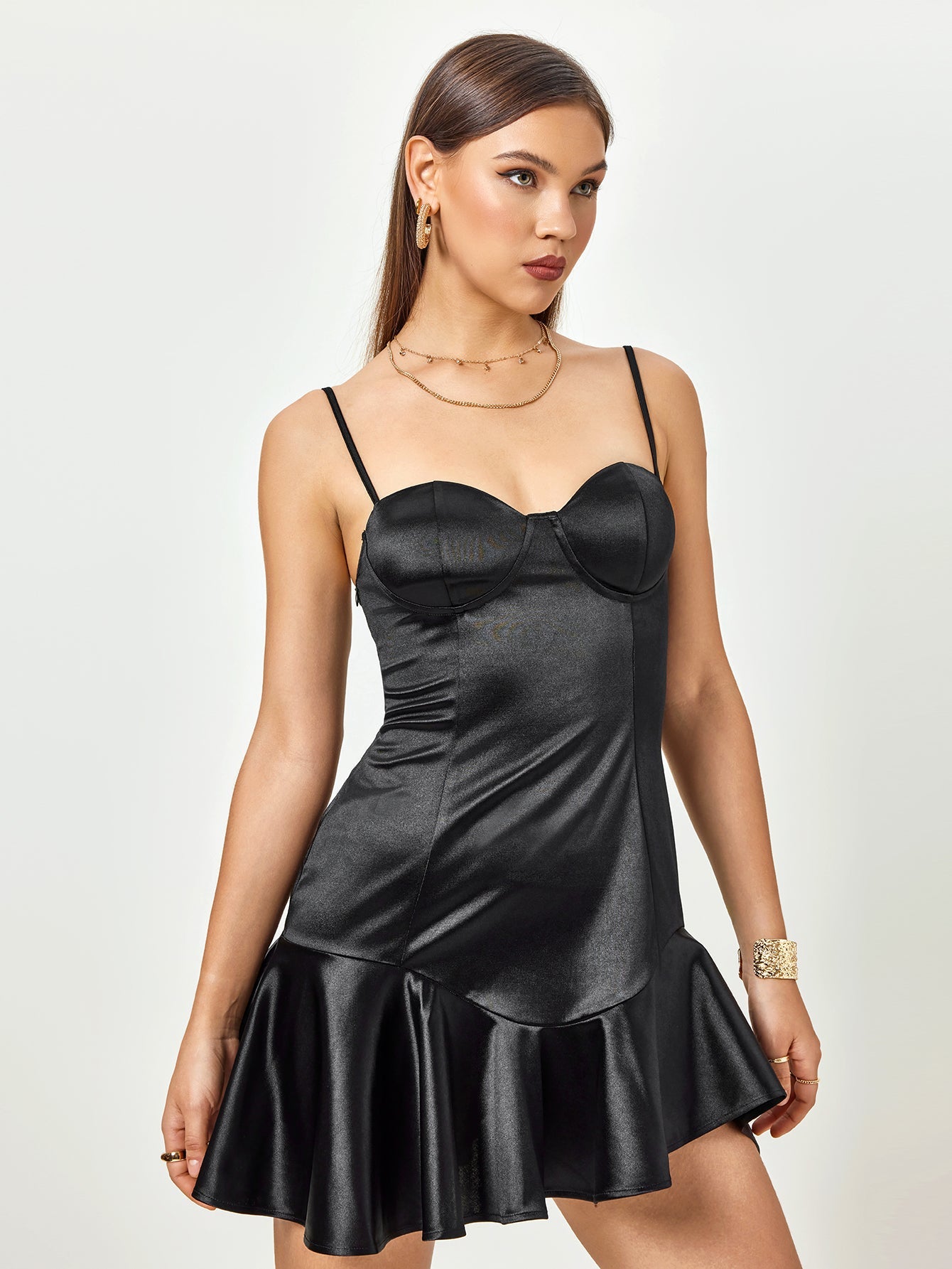 Satin Noir Flounce Mini Dress