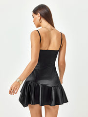 Satin Noir Flounce Mini Dress