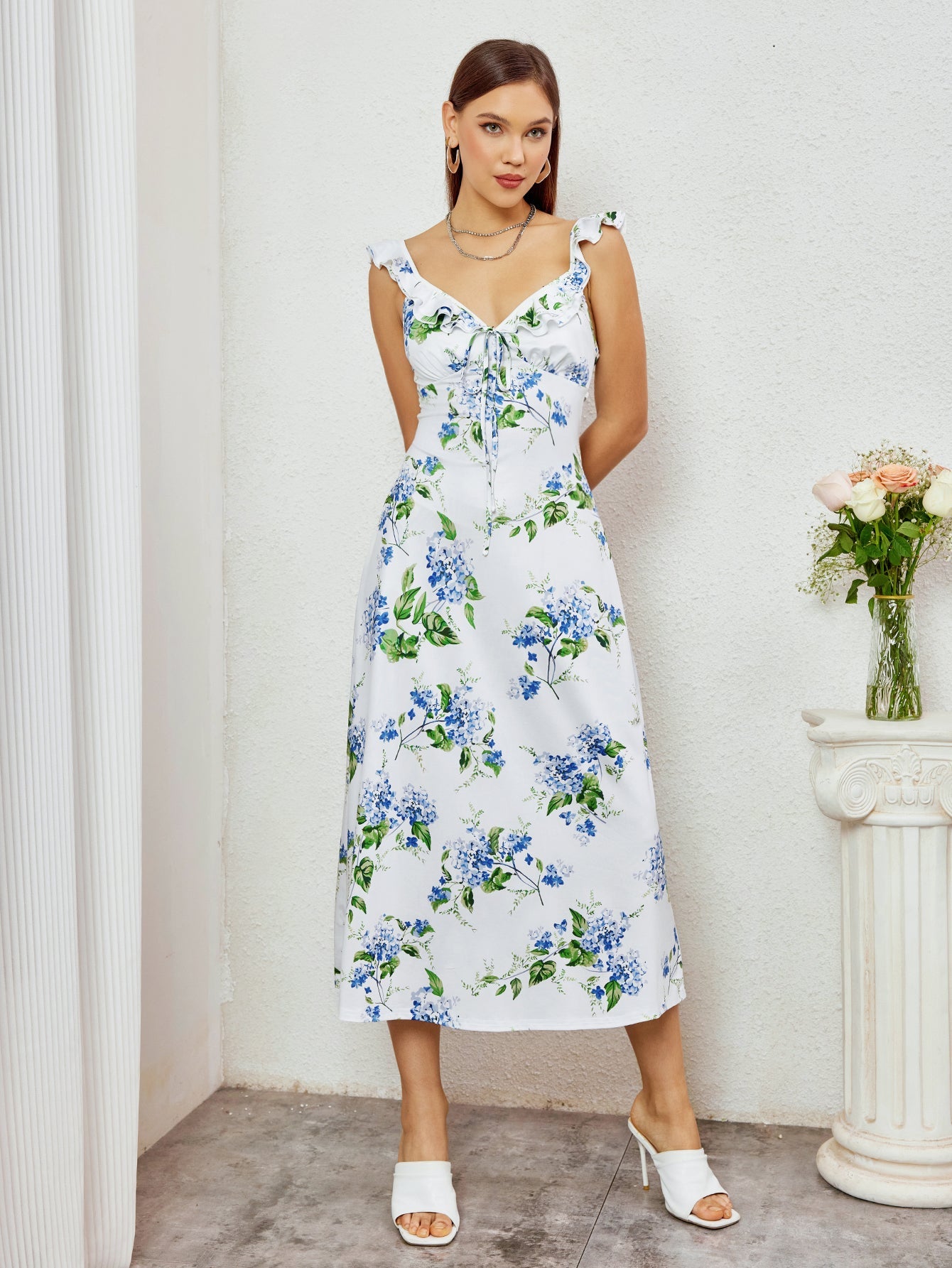 Floral Print Ruffle Strap Midi Sundress