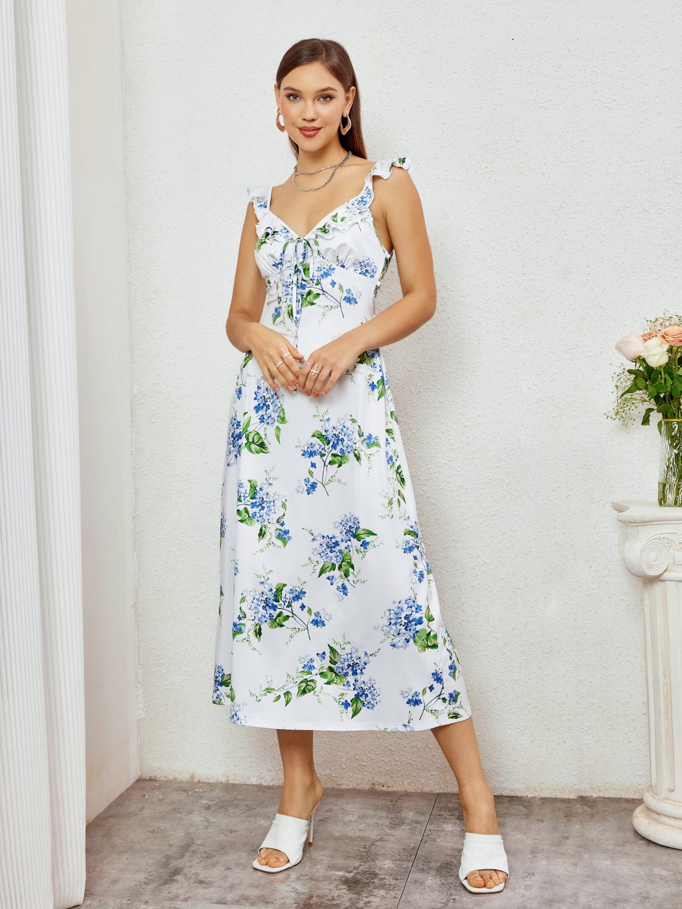 Floral Print Ruffle Strap Midi Sundress