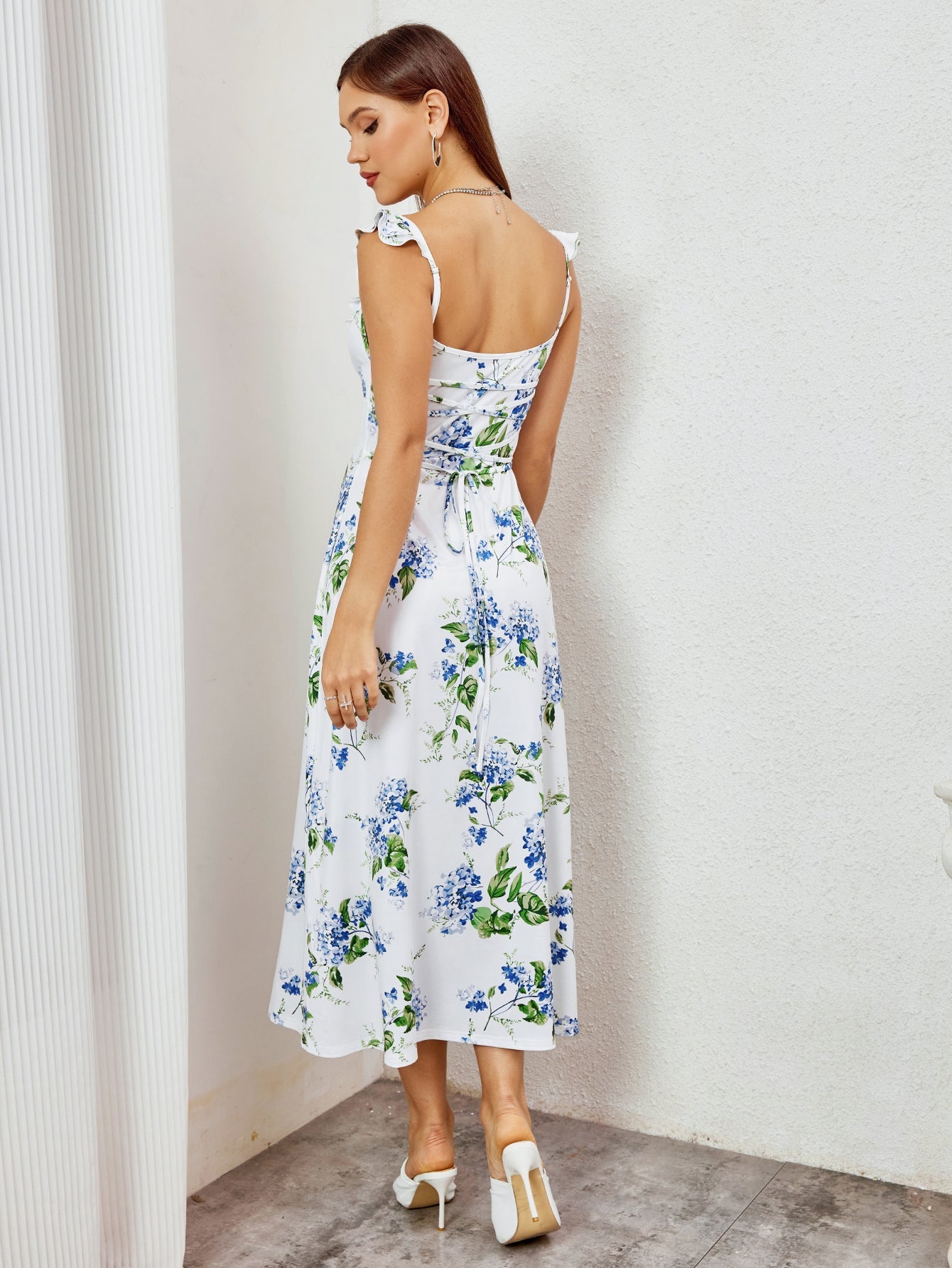 Floral Print Ruffle Strap Midi Sundress