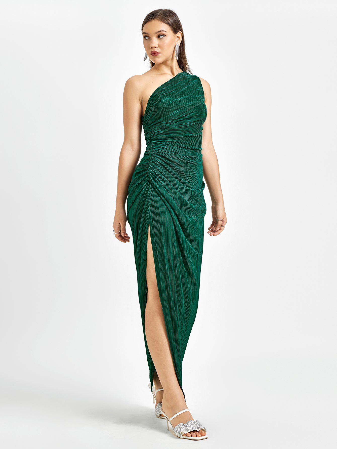 Pleated One-Shoulder Evening Gown Dress