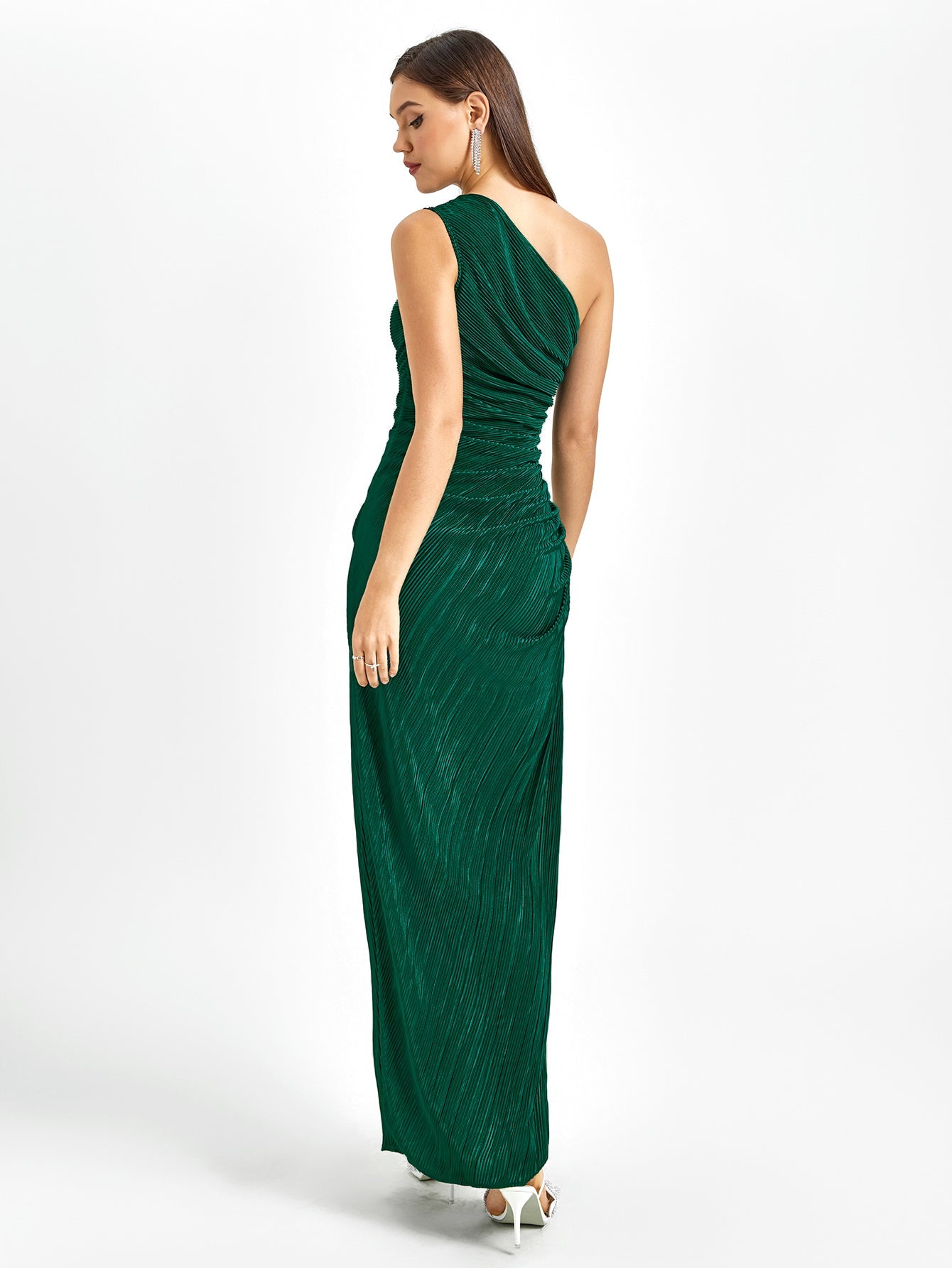 Pleated One-Shoulder Evening Gown Dress