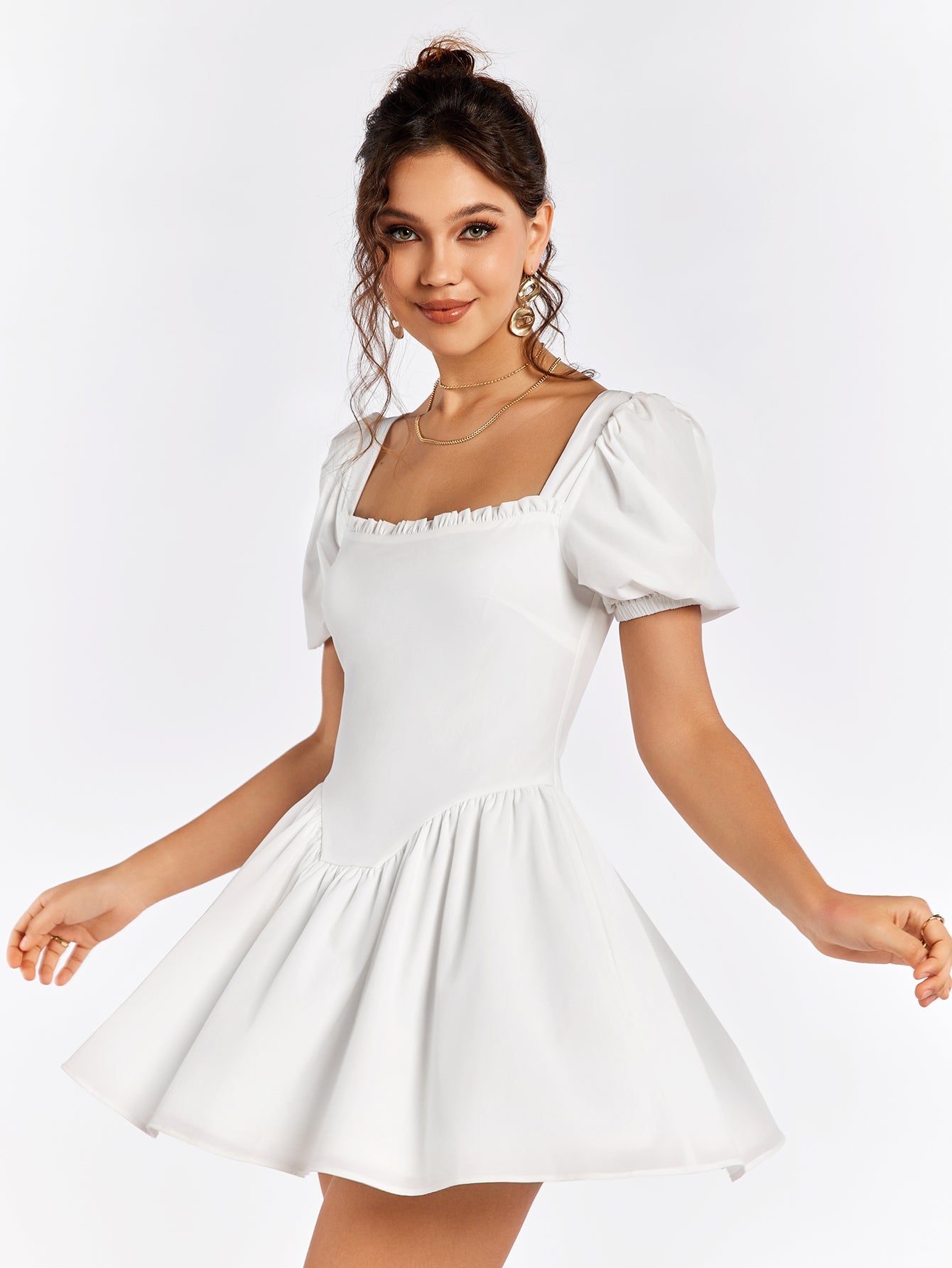 Summer Breeze White Puff Sleeve Skater Dress