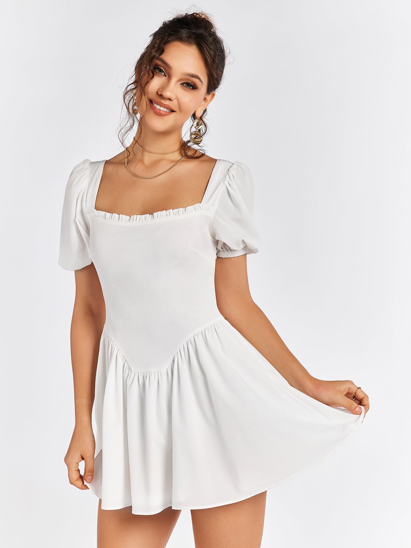Summer Breeze White Puff Sleeve Skater Dress