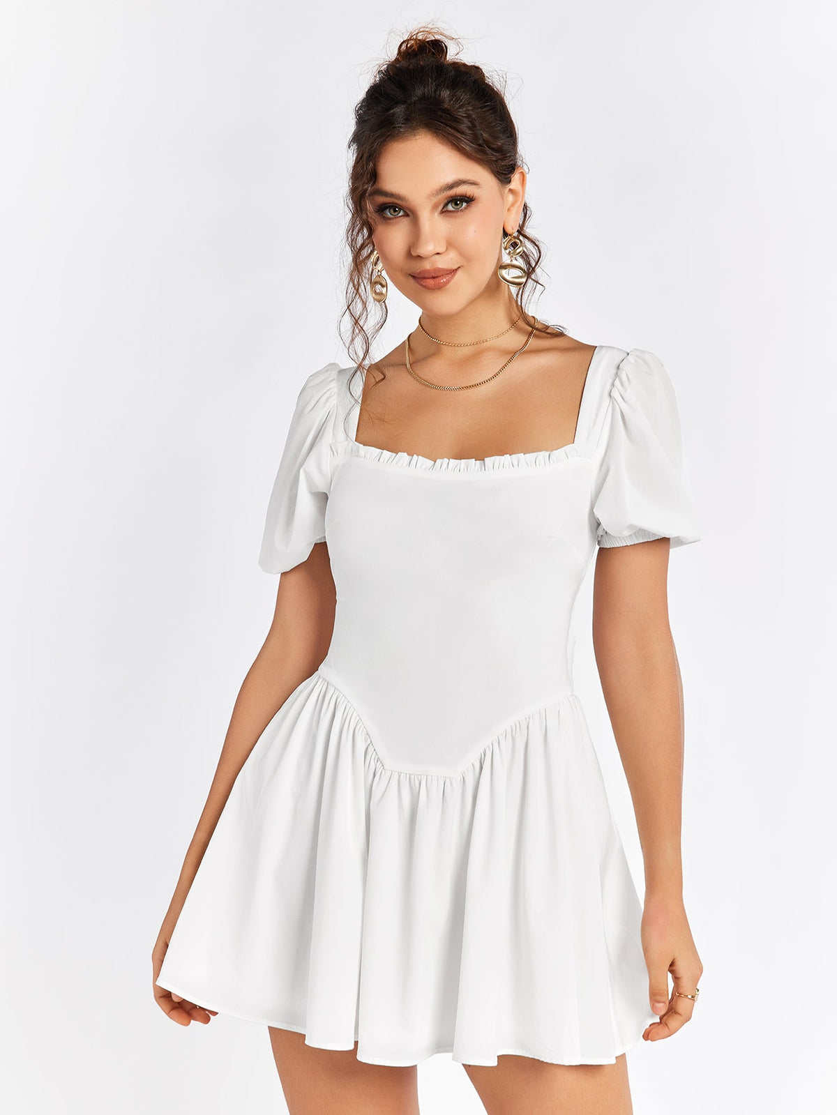 Summer Breeze White Puff Sleeve Skater Dress
