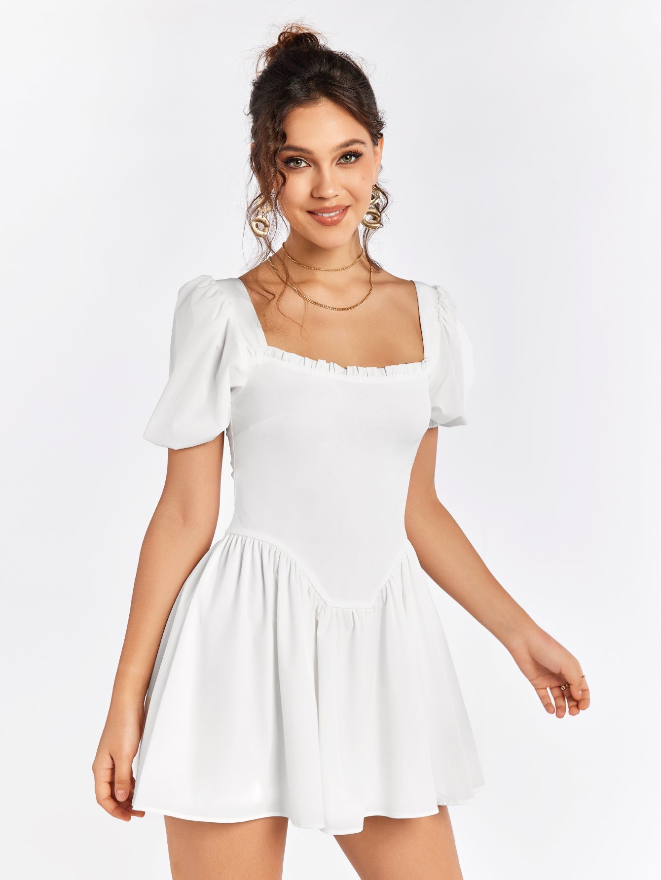 Summer Breeze White Puff Sleeve Skater Dress