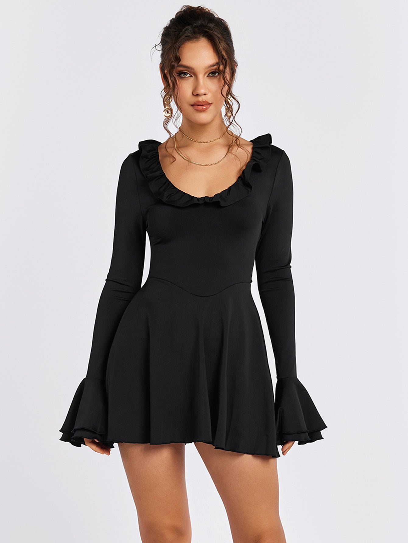 Long Sleeve Ruffle Flared Dress