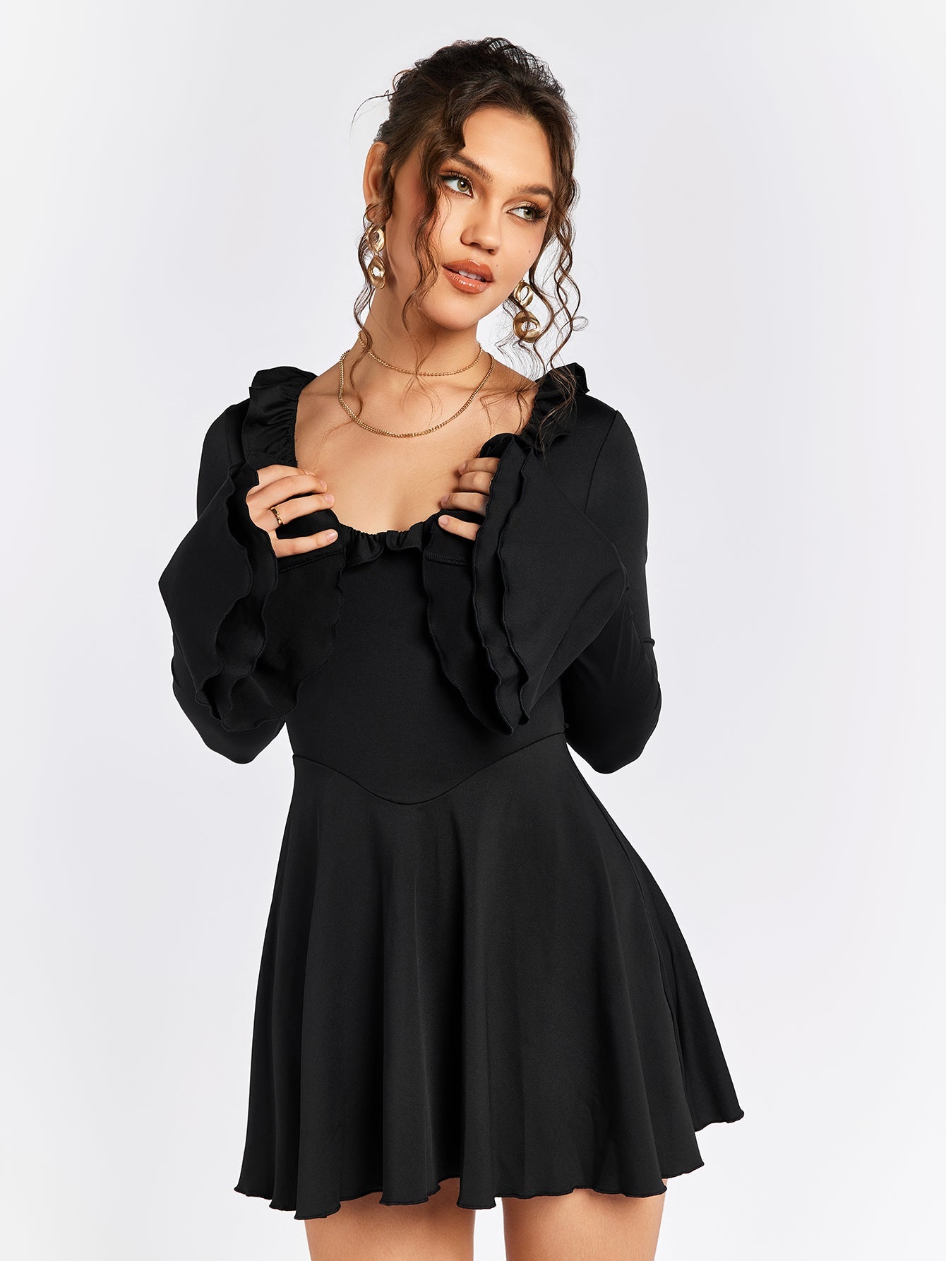 Long Sleeve Ruffle Flared Dress