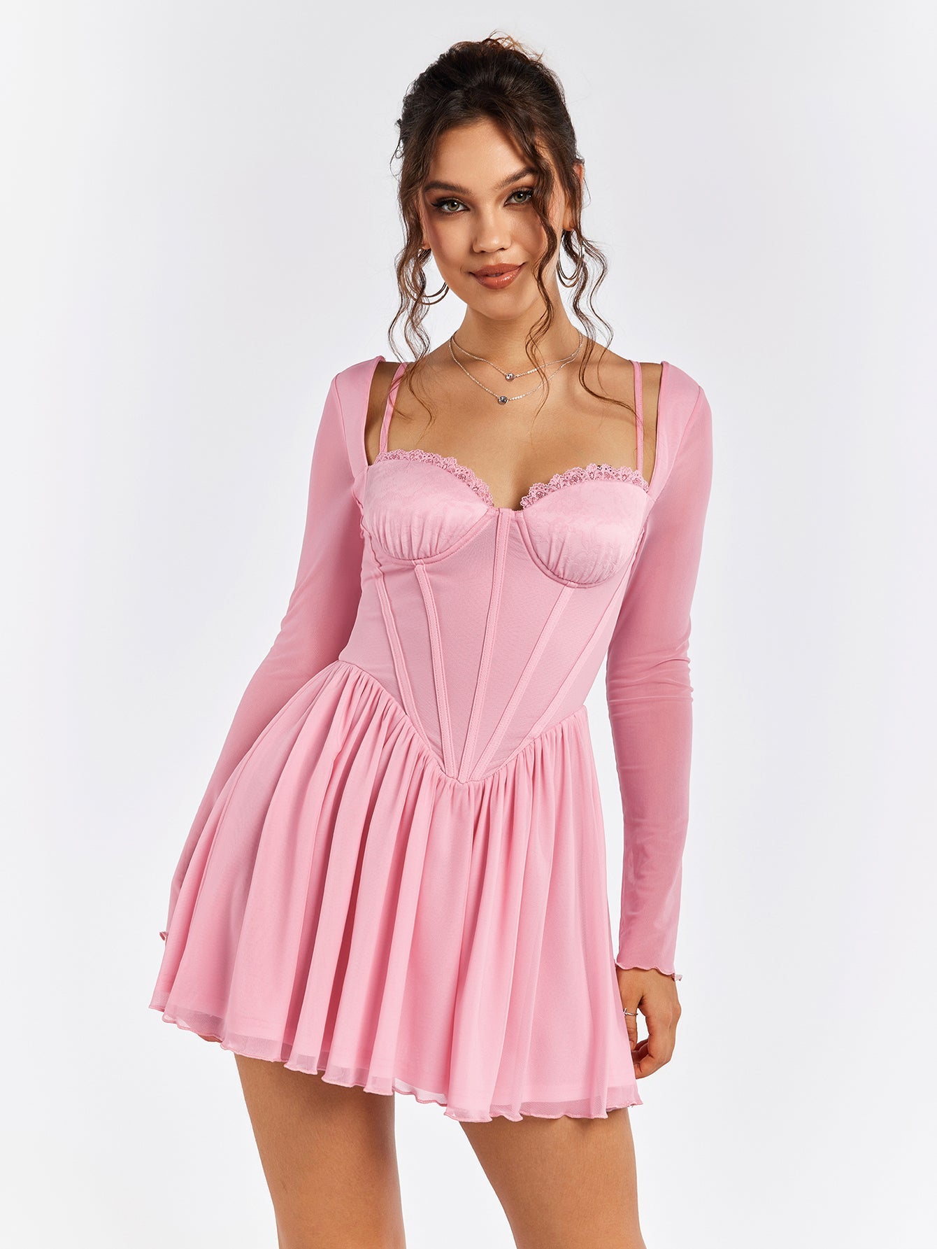 Sheer Sleeve Pink Skater Dress