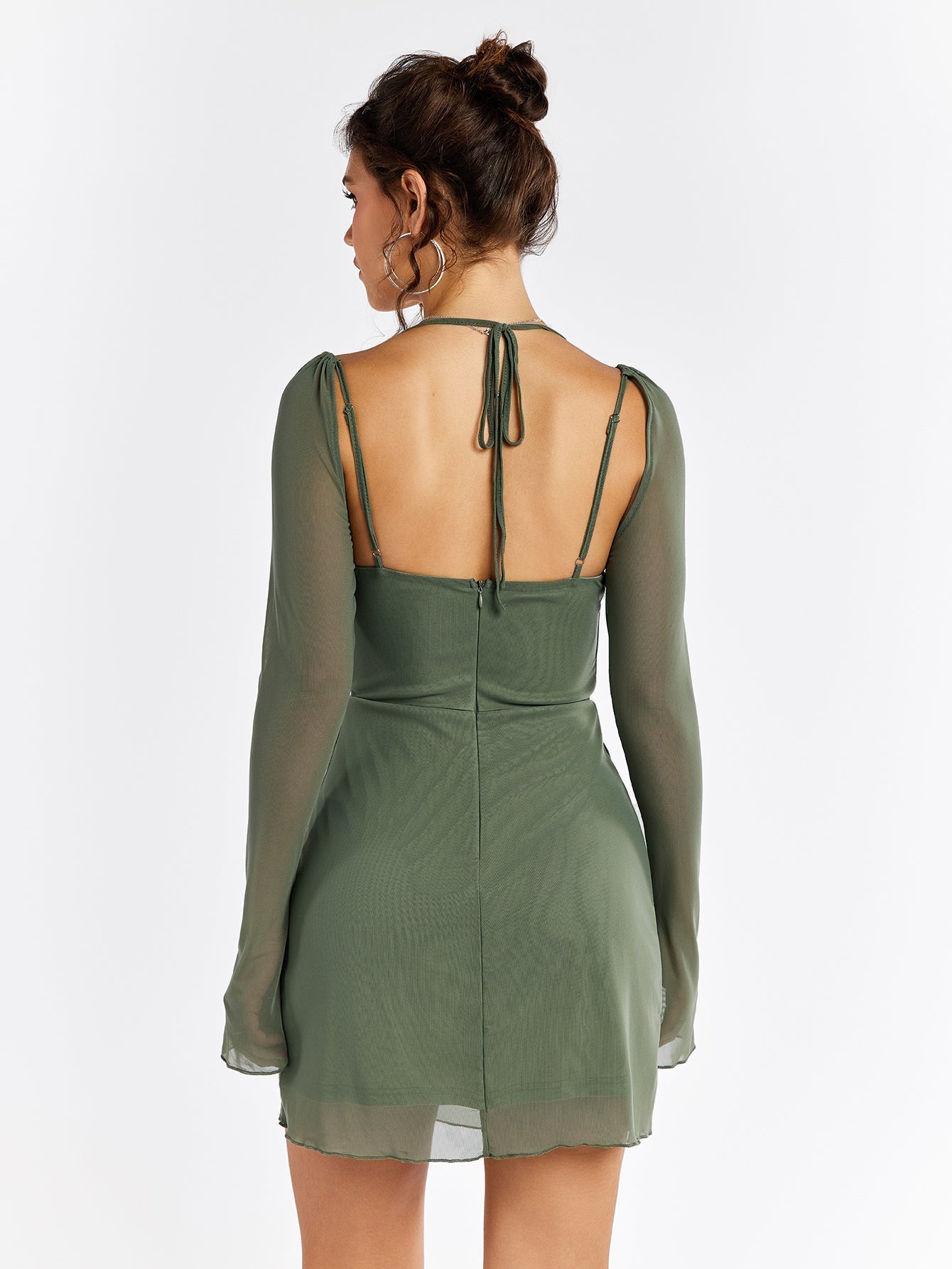 Flounce Sleeve Ruched Mesh Dress