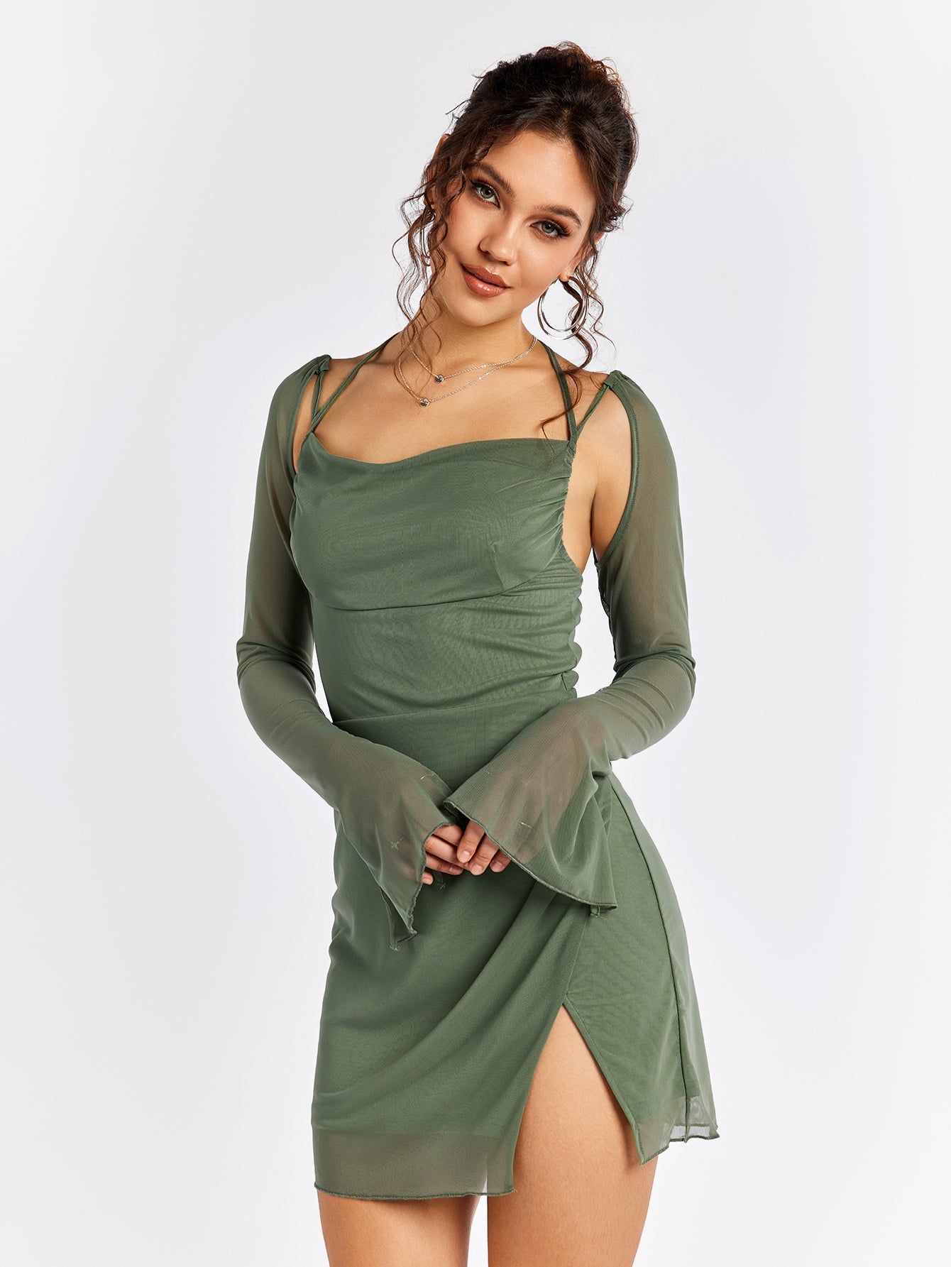 Flounce Sleeve Ruched Mesh Dress