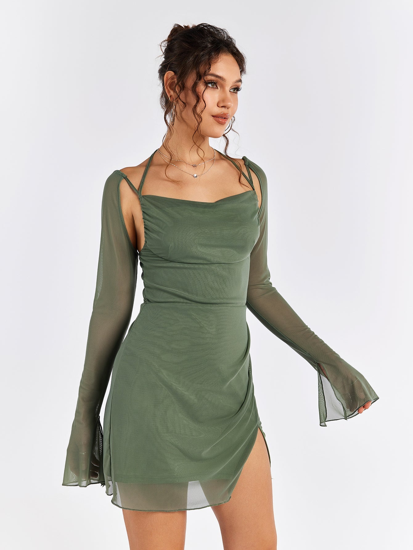 Flounce Sleeve Ruched Mesh Dress