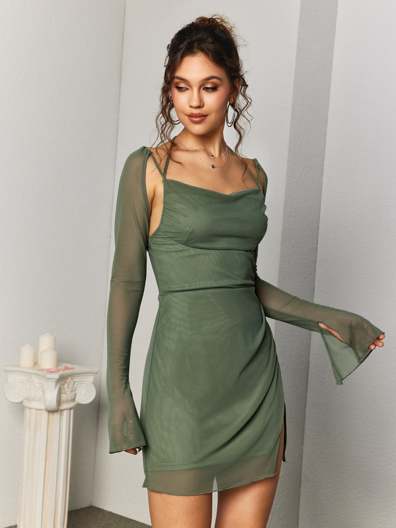 Flounce Sleeve Ruched Mesh Dress