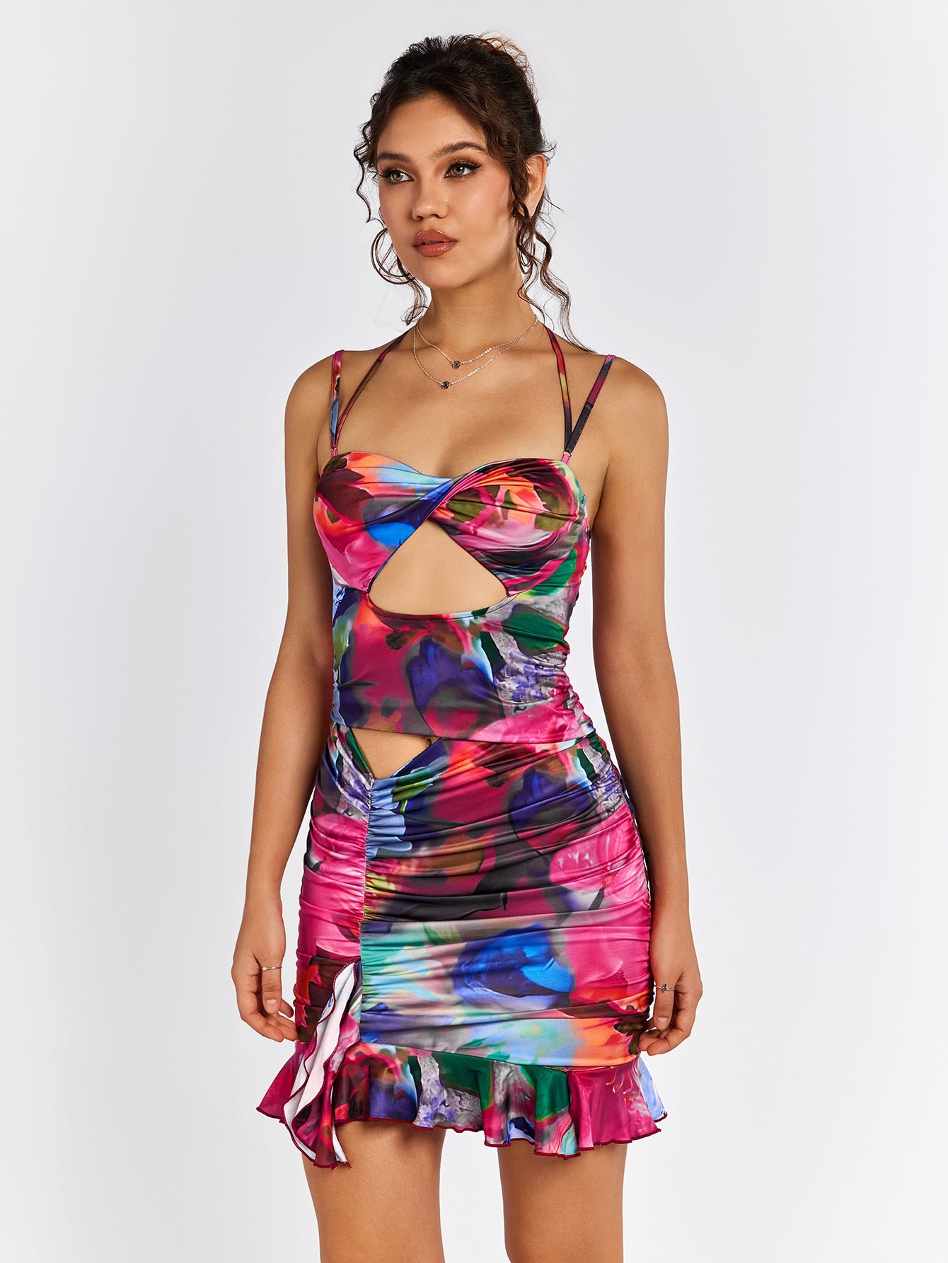 Abstract Cut-Out Ruffle Dress