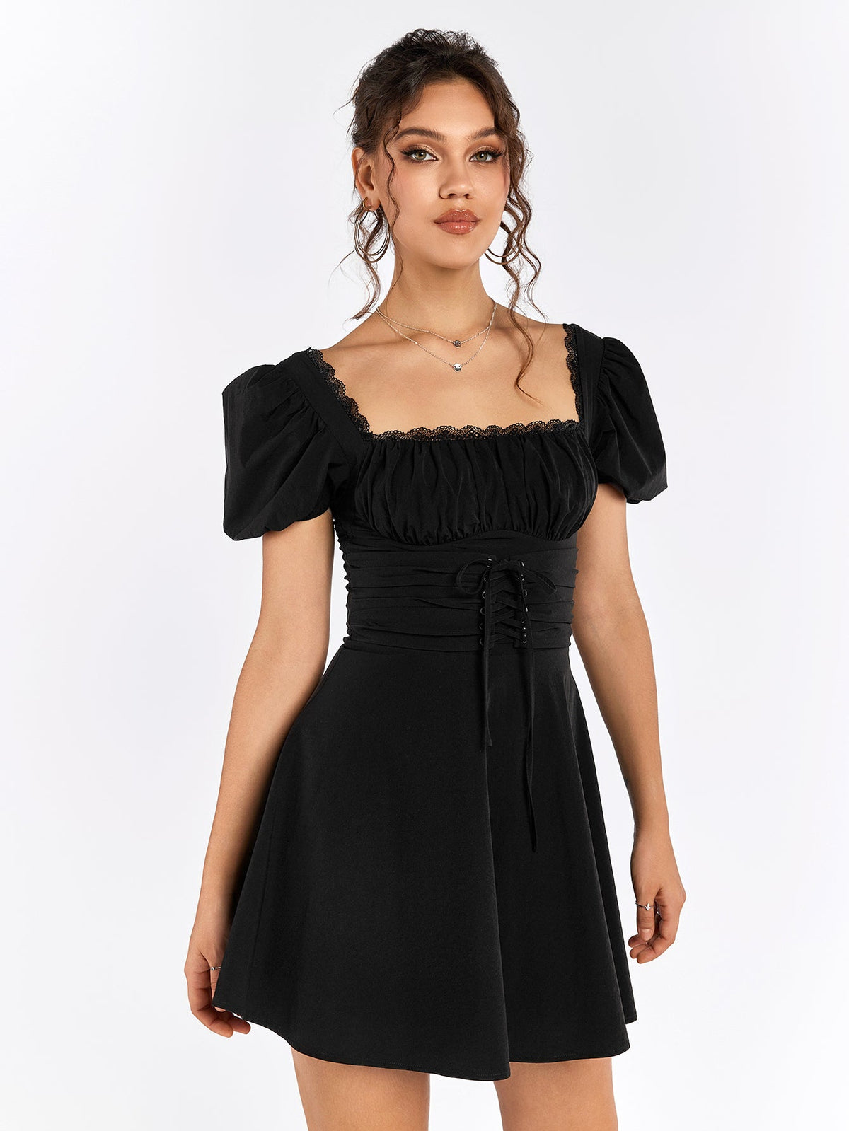 Puff Sleeves Lace-Up Dress