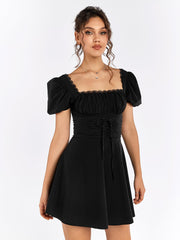 Puff Sleeves Lace-Up Dress