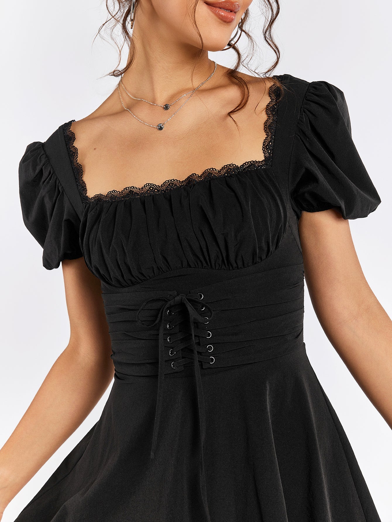 Puff Sleeves Lace-Up Dress