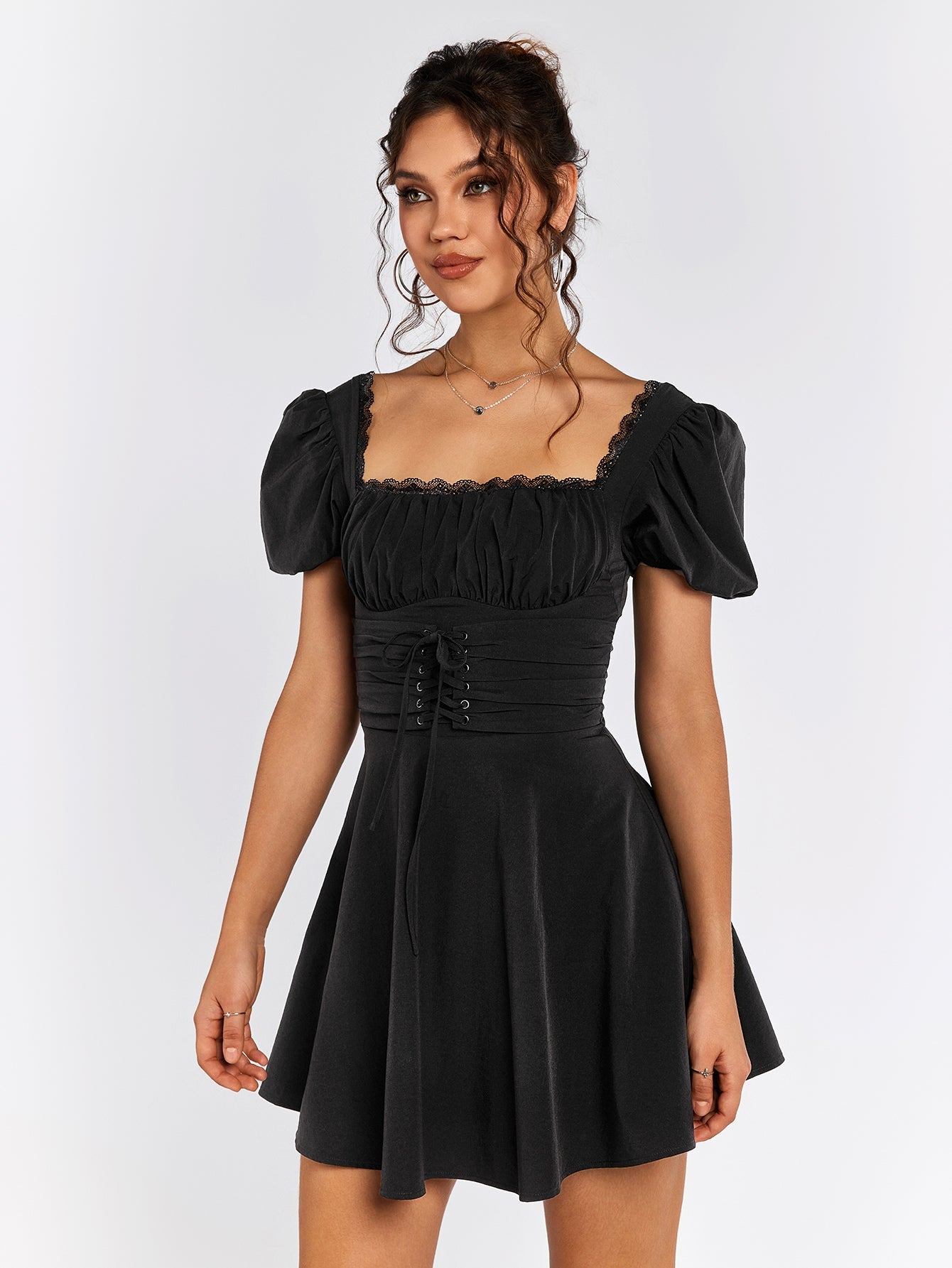 Puff Sleeves Lace-Up Dress