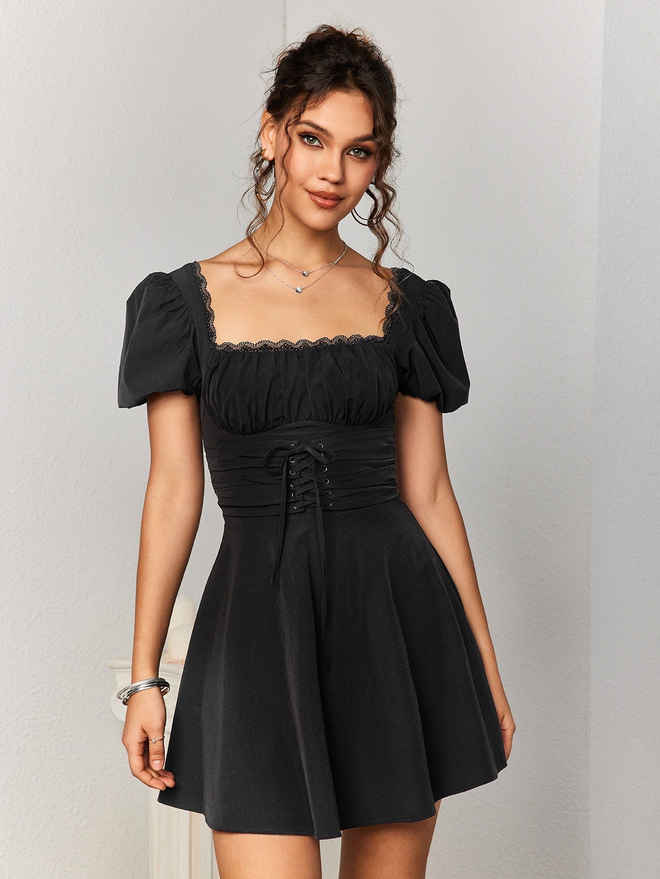 Puff Sleeves Lace-Up Dress