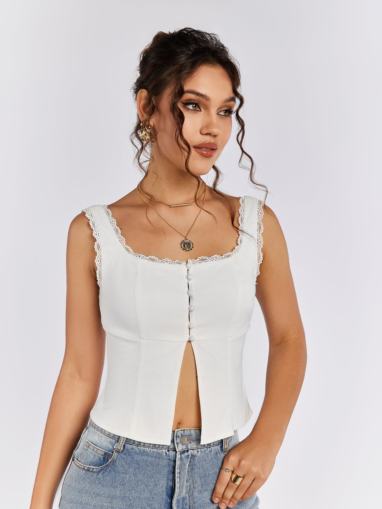 Lace Trim Button-Up Camisole