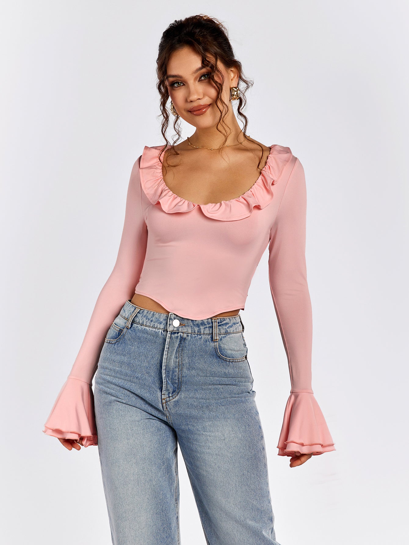 Long Sleeve Ruffle-Trim Top