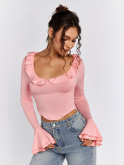 Long Sleeve Ruffle-Trim Top