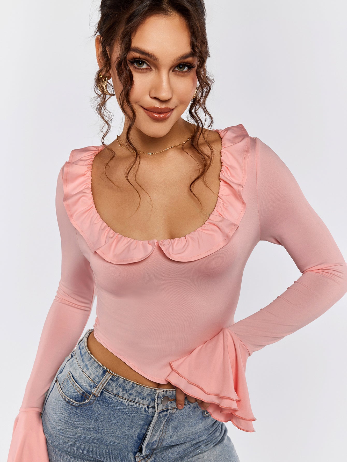 Long Sleeve Ruffle-Trim Top