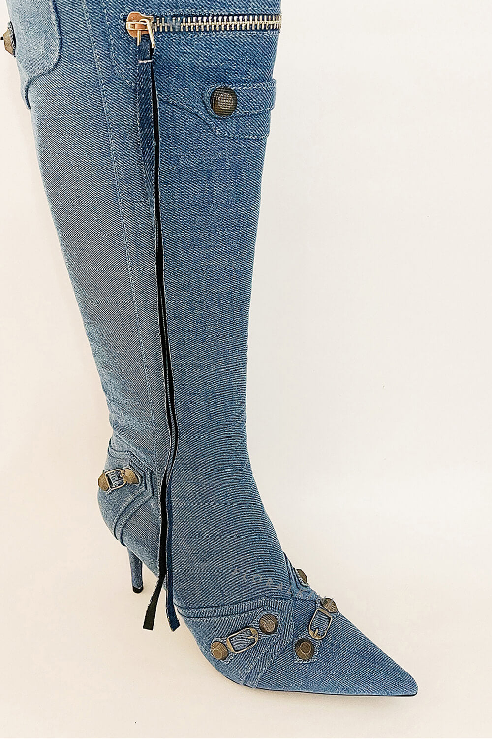 Denim Knee High Pointed Toe Stiletto Boots With Studs And Pin Buckle Strap Details - Dark Blue