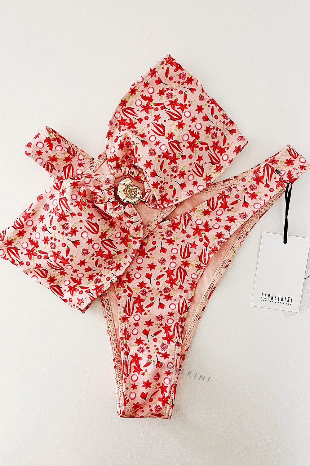 Floral Bandeau High Rise Bikini Set With Gold Shell Hardware Detail