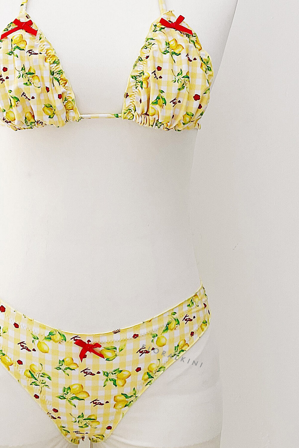 Lemon-Check Print Frill Trim Halter Triangle Elastic Bikini Set