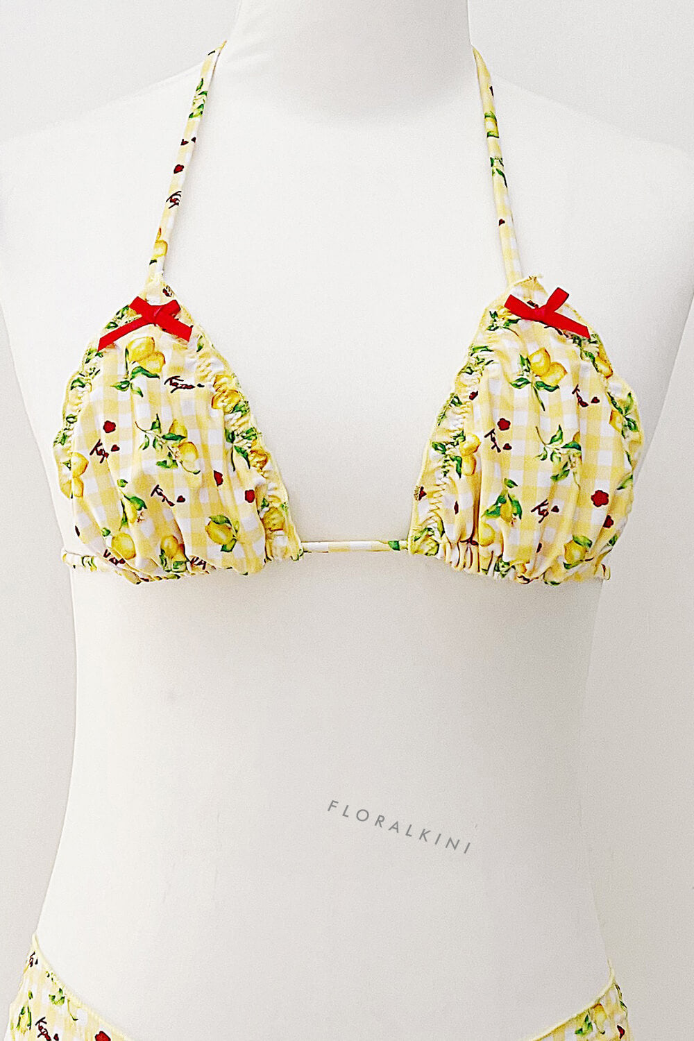 Lemon-Check Print Frill Trim Halter Triangle Elastic Bikini Set