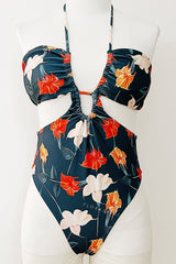 Floral Printed Cutouts Halter One Piece Swimsuit - Red