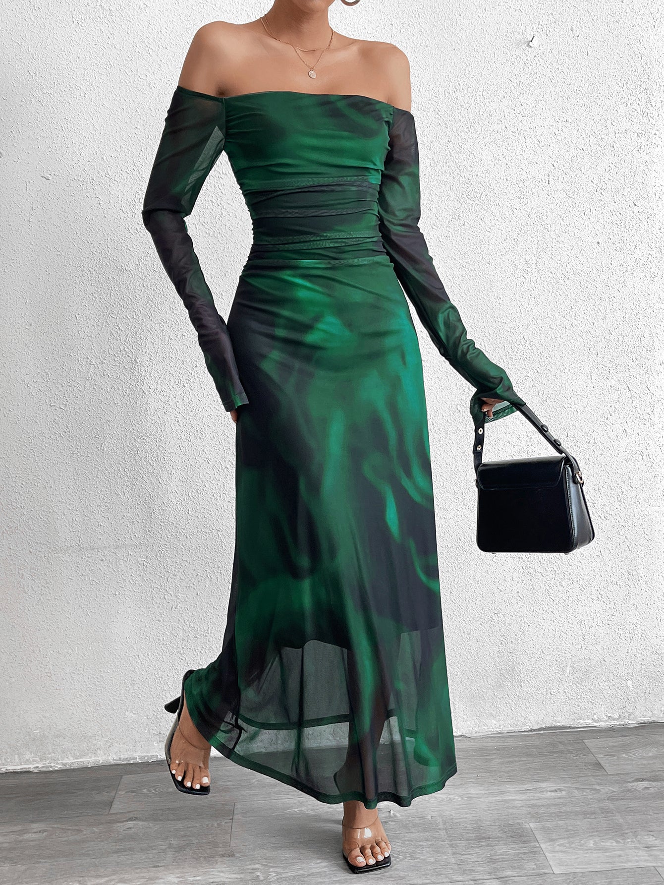 Fashion Print Straight-Neck Slim Fitting Maxi Dress