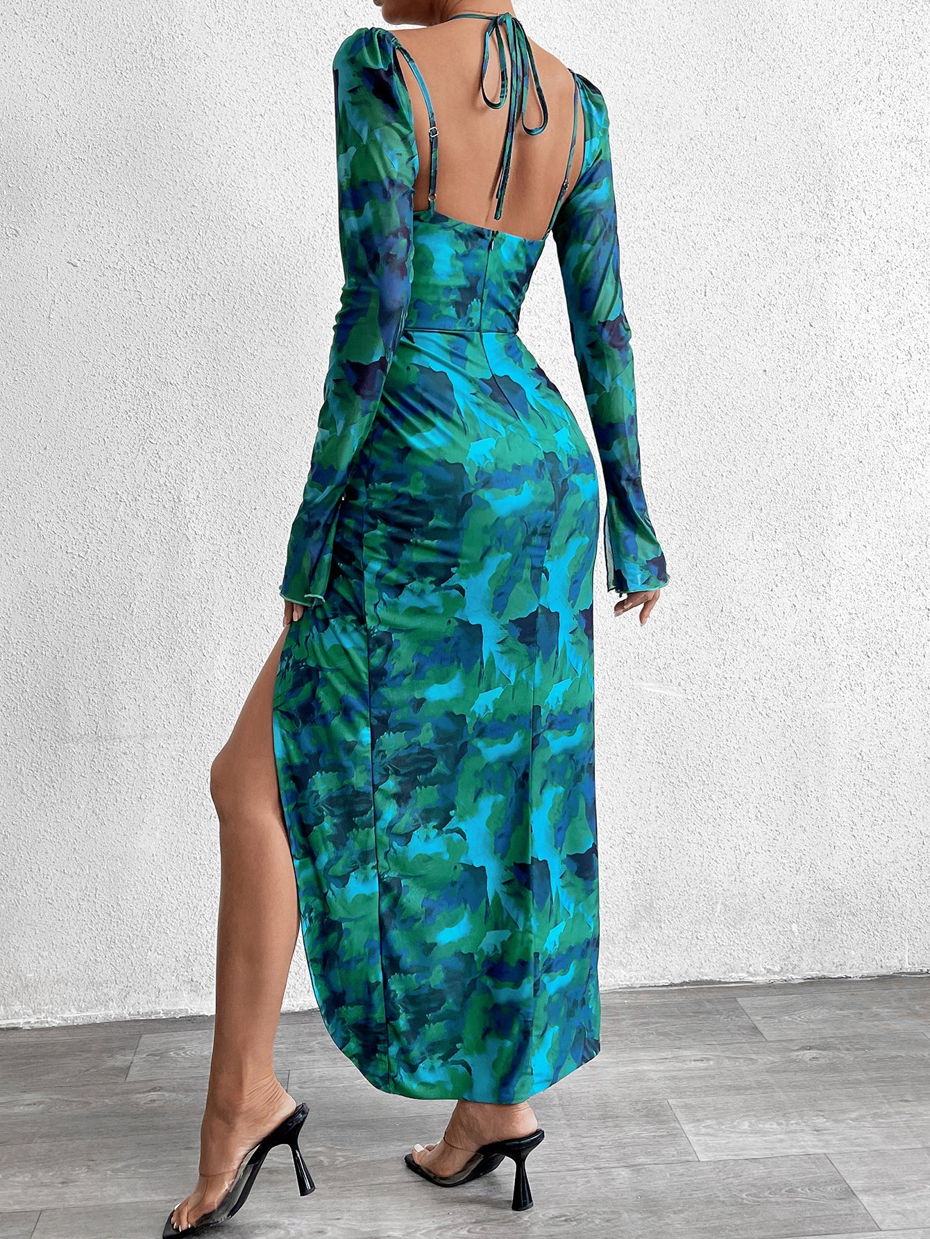 Textured Backless Lace-Up Printed Midi Dress