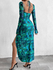 Textured Backless Lace-Up Printed Midi Dress