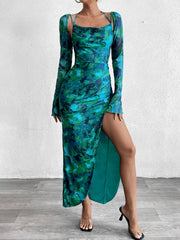 Textured Backless Lace-Up Printed Midi Dress