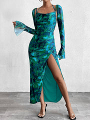 Textured Backless Lace-Up Printed Midi Dress