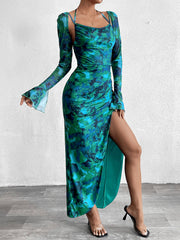 Textured Backless Lace-Up Printed Midi Dress