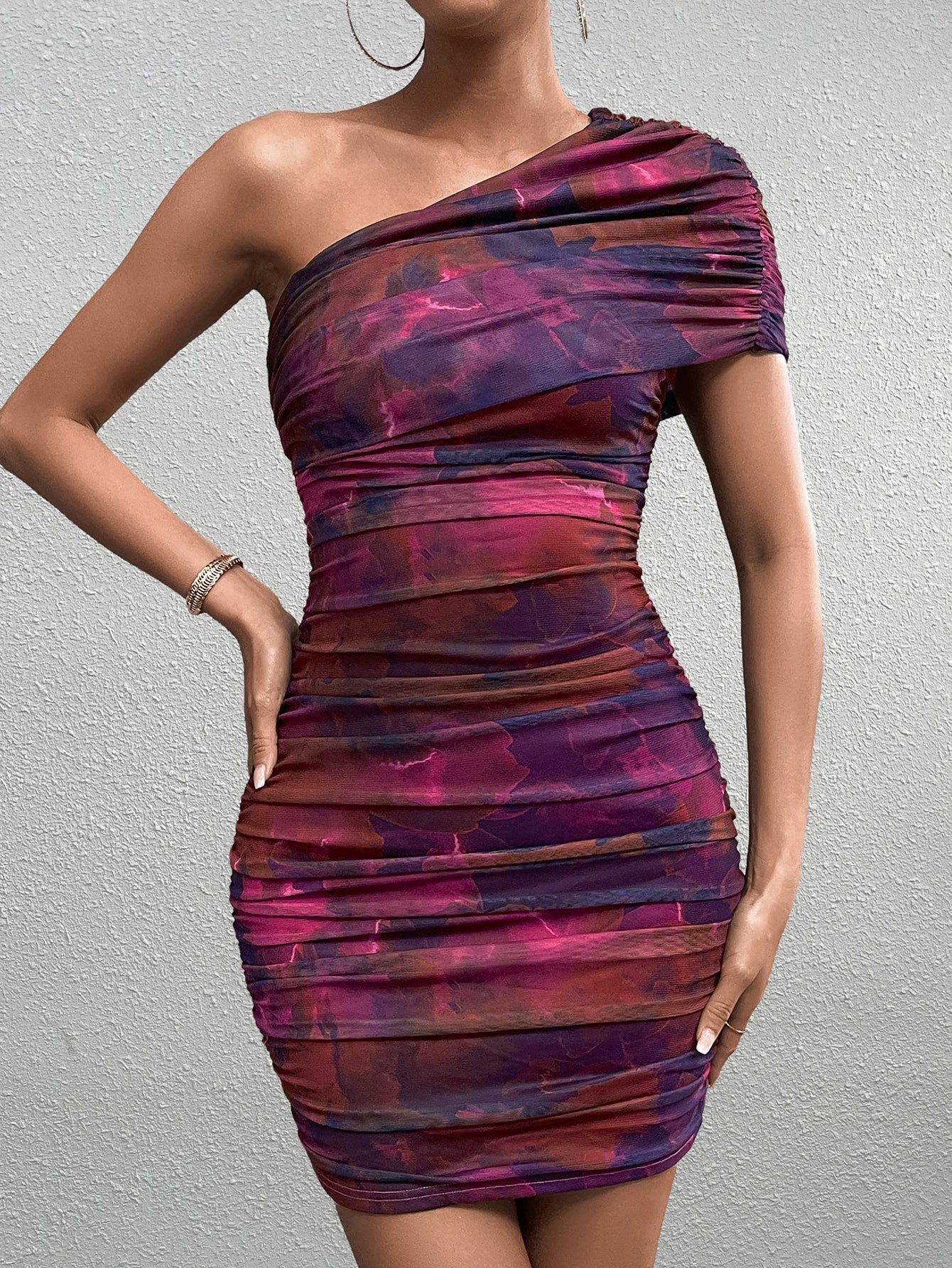 One-Shoulder Printed High-Waisted Bodycon Dress