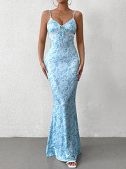 Sexy V-Neck Printed Slip Bodycon Maxi Dress