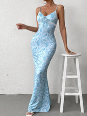 Sexy V-Neck Printed Slip Bodycon Maxi Dress