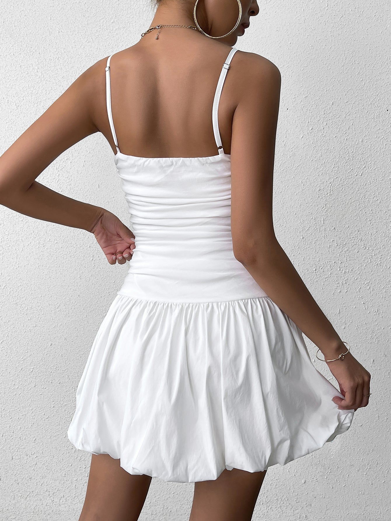 Sexy Solid Sleeveless Backless Ruched Fluffy Slip Mini Dress