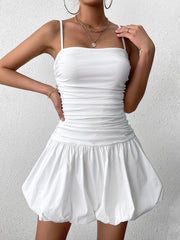 Sexy Solid Sleeveless Backless Ruched Fluffy Slip Mini Dress
