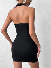 Sexy Deep V-Neck Halter Neck Solid Backless Bodycon Mini Dress
